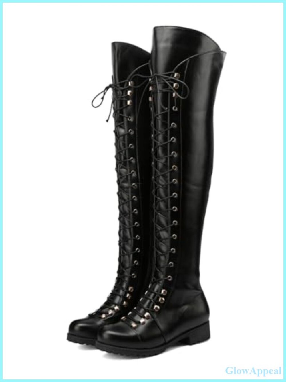 Over The Knee Boots Square Toe Faux Leather Low Heel Combat Boots Lace Up